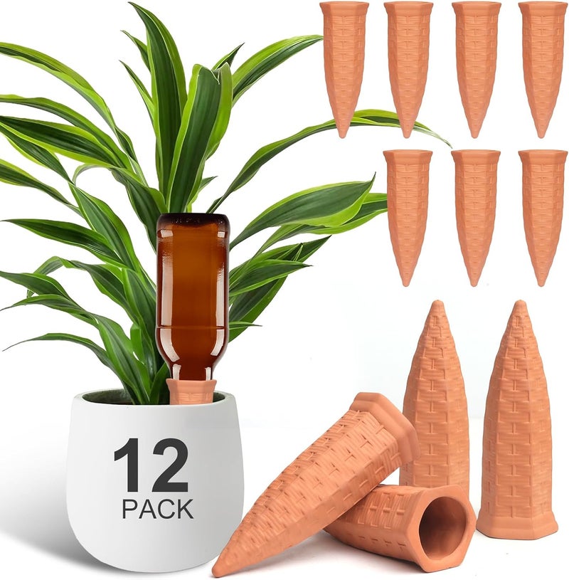 Baxrou Plant Self Watering Stakes 12 Pack Terracotta Watering Spikes for Indoor and Outdoor Plants,Wine Bottle Plant Watering Devices, Automatic Plant Waterers for Vacation - Image 1